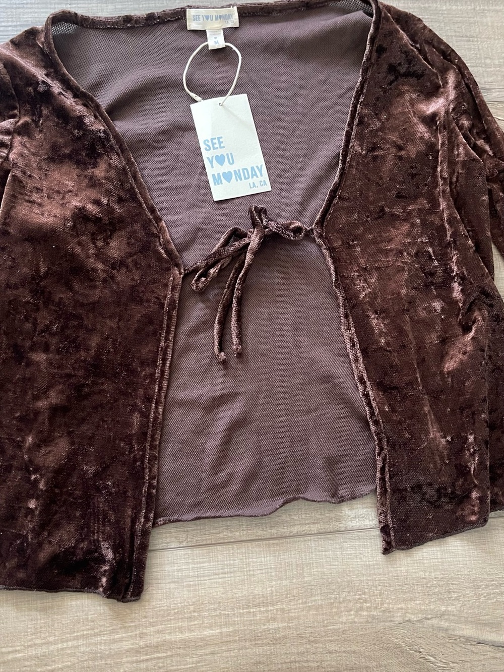 NWT See You Monday Y2K LA Brown Crushed Velvet Cropped Tie Front Cardigan M